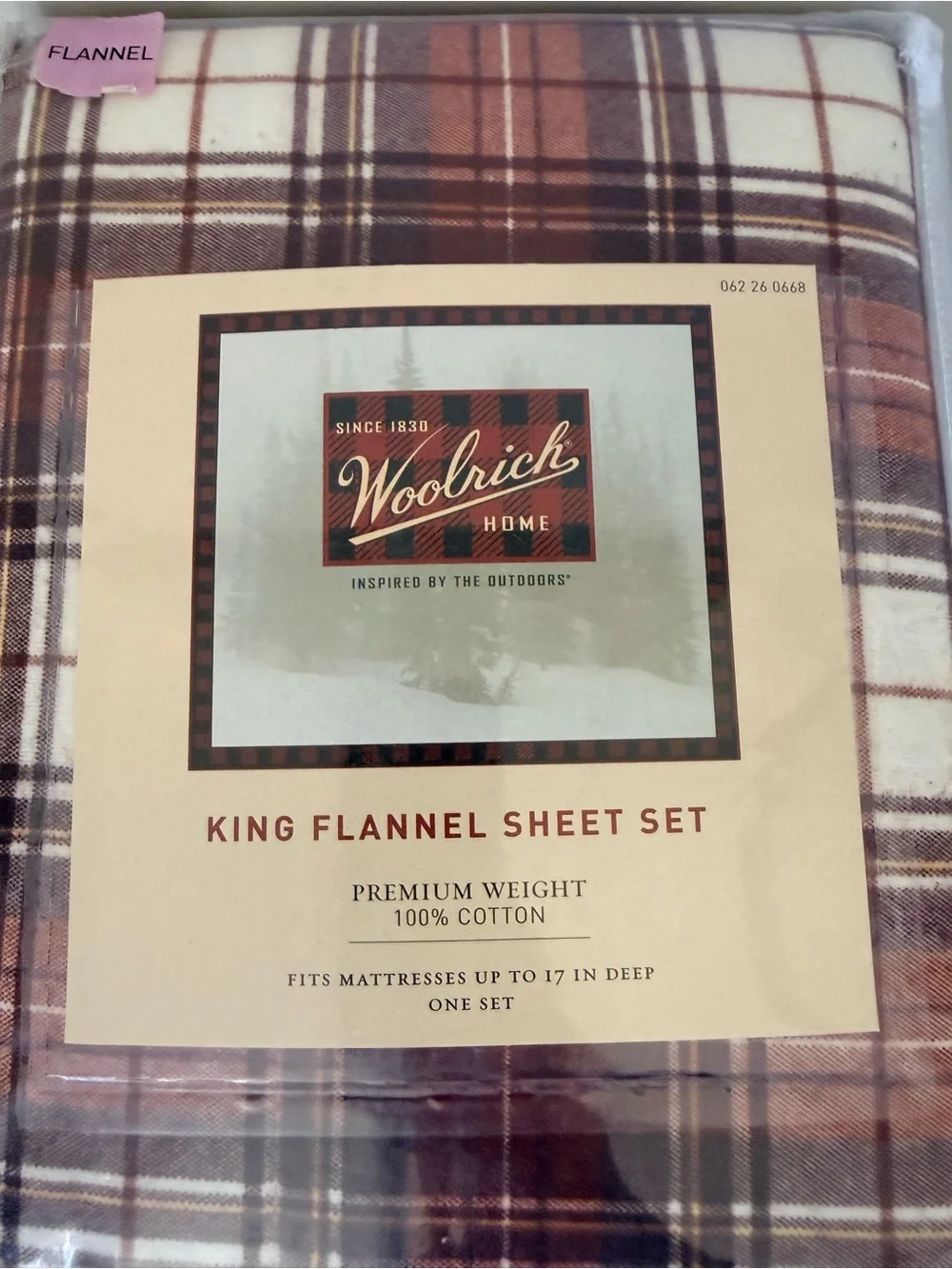 Woolrich King Flannel Sheet Set - Burgundy/brown and Cream Plaid size King